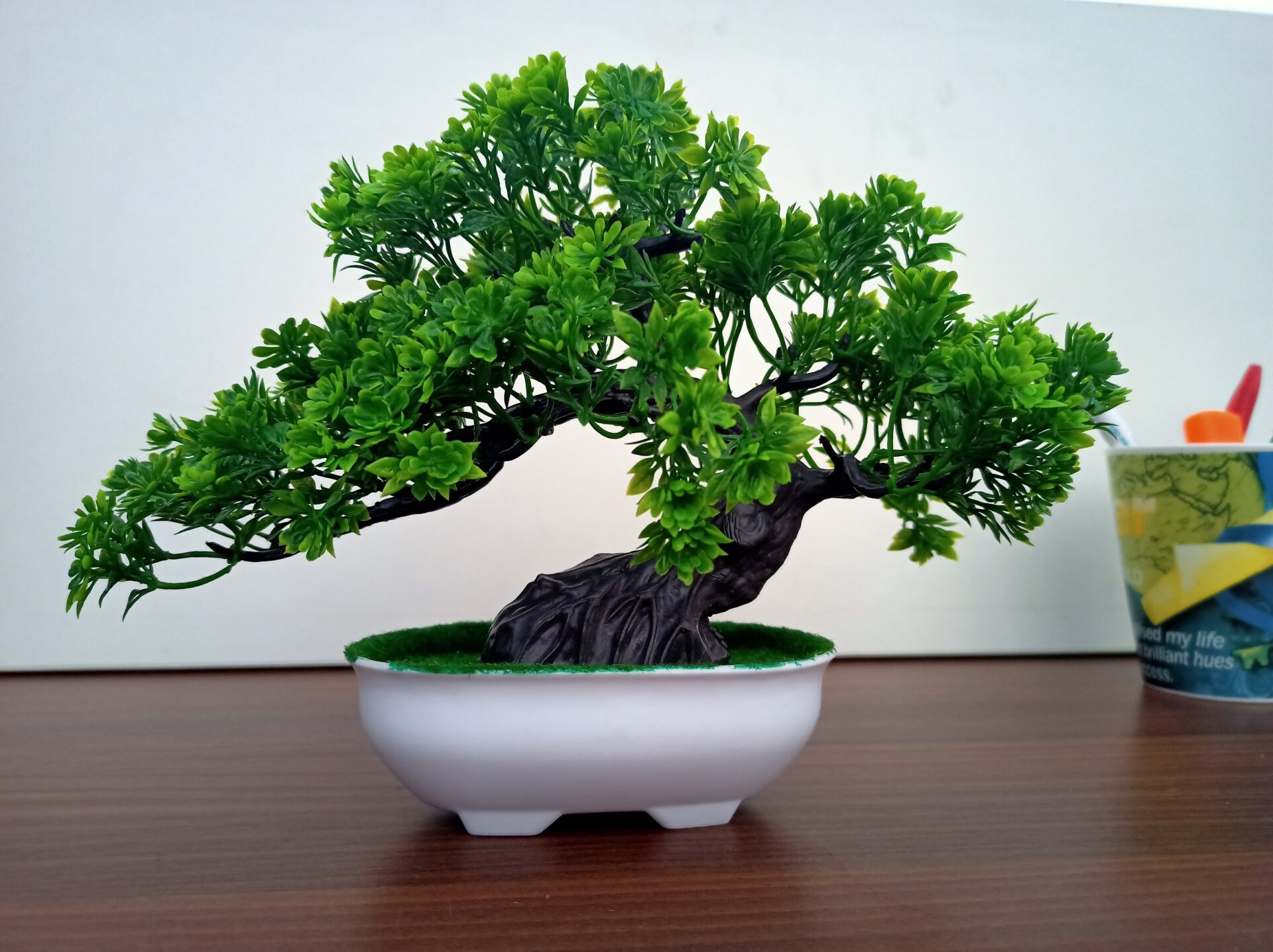Artificial Bonsai Trees with White Plastic Pot Green grass on